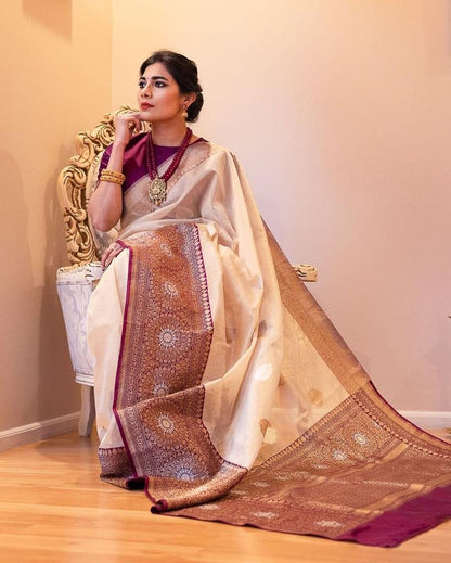 Ivory Elegance Banarasi Soft Silk Saree with Majestic Maroon Zari Border