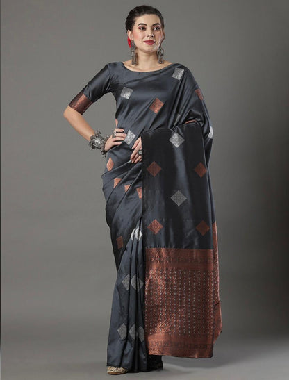 Banarasi Soft Silk Saree with Diamond Zari Motifs & Copper Border