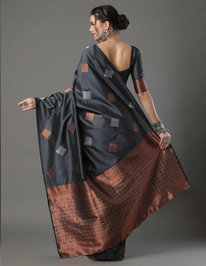 Banarasi Soft Silk Saree with Diamond Zari Motifs & Copper Border