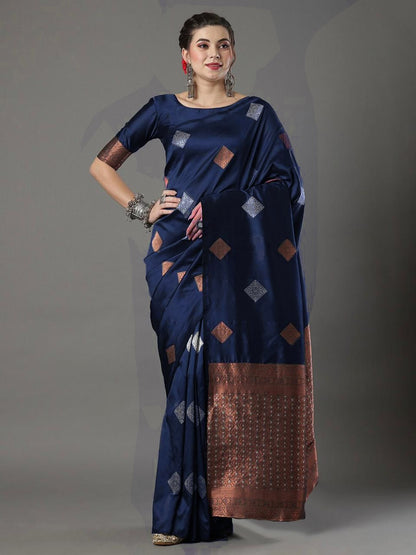 Banarasi Soft Silk Saree with Diamond Zari Motifs & Copper Border