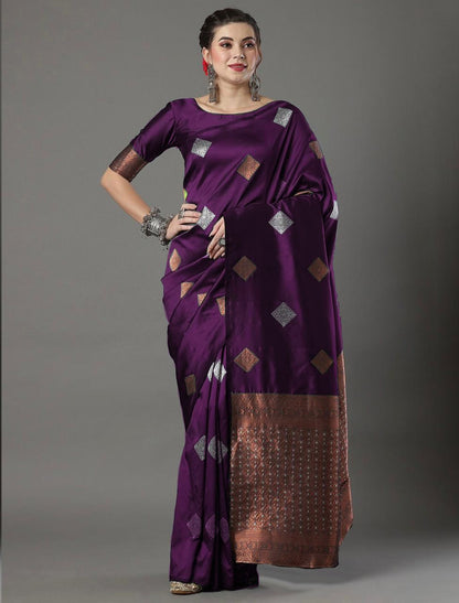 Banarasi Soft Silk Saree with Diamond Zari Motifs & Copper Border