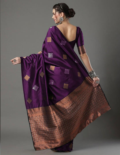 Banarasi Soft Silk Saree with Diamond Zari Motifs & Copper Border