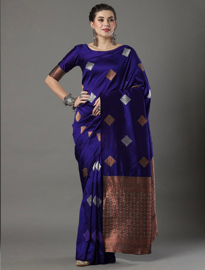 Banarasi Soft Silk Saree with Diamond Zari Motifs & Copper Border