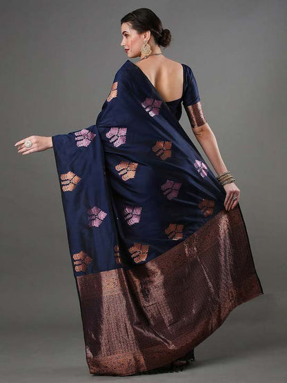 Midnight Charm Banarasi Silk Saree with Copper Zari Floral Weave