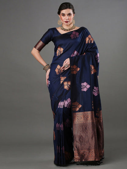 Midnight Charm Banarasi Silk Saree with Copper Zari Floral Weave
