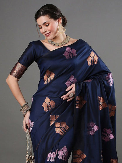 Midnight Charm Banarasi Silk Saree with Copper Zari Floral Weave