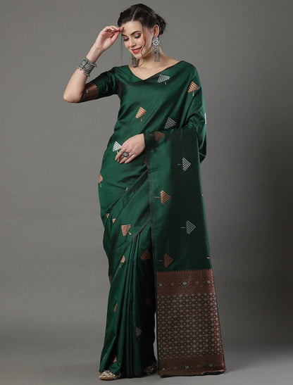 Banarasi Soft Silk Saree with Triangular Zari Motifs & Copper Border