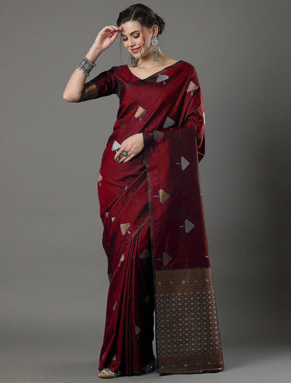 Banarasi Soft Silk Saree with Triangular Zari Motifs & Copper Border