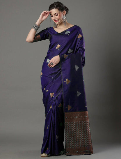Banarasi Soft Silk Saree with Triangular Zari Motifs & Copper Border