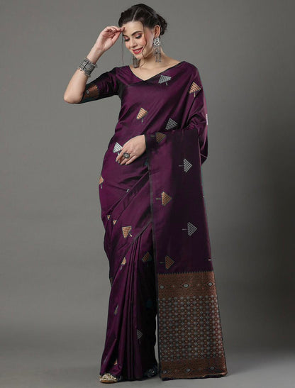 Banarasi Soft Silk Saree with Triangular Zari Motifs & Copper Border
