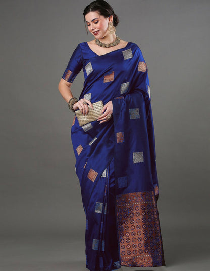 Banarasi Soft Silk Saree with Square Zari Motifs & Copper Border