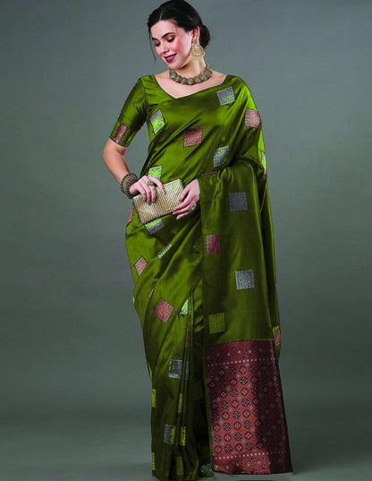 Banarasi Soft Silk Saree with Square Zari Motifs & Copper Border
