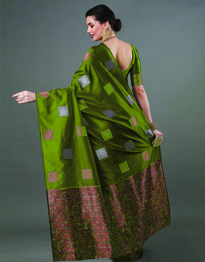 Banarasi Soft Silk Saree with Square Zari Motifs & Copper Border