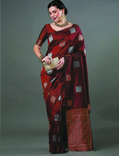 Banarasi Soft Silk Saree with Square Zari Motifs & Copper Border
