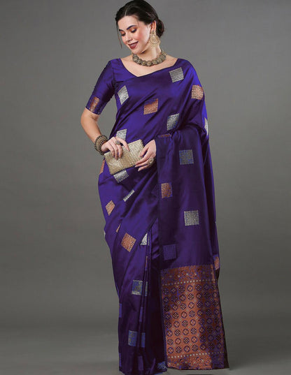 Banarasi Soft Silk Saree with Square Zari Motifs & Copper Border
