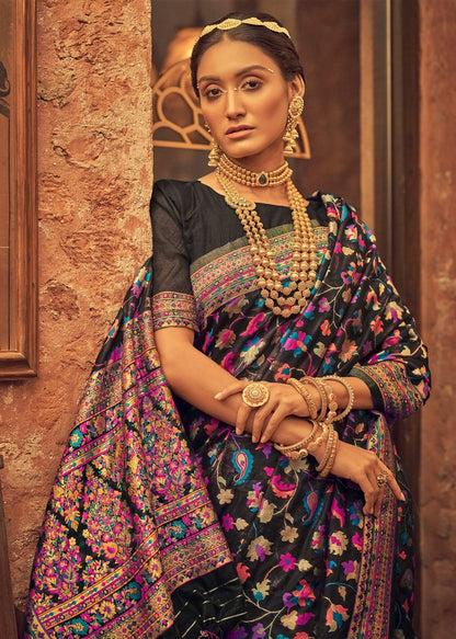 Banarasi Silk Saree with Multicolor Meenakari Floral Weaving & Rich Zari Border