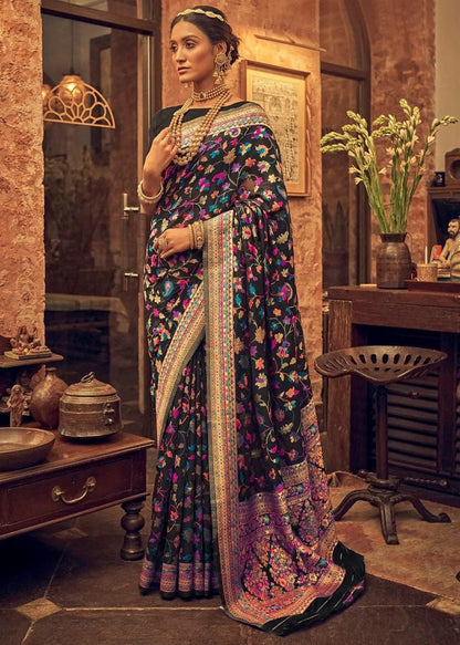 Banarasi Silk Saree with Multicolor Meenakari Floral Weaving & Rich Zari Border