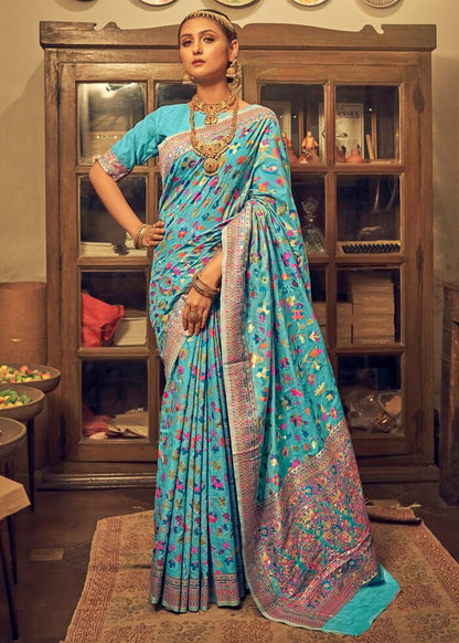 Banarasi Silk Saree with Multicolor Meenakari Floral Weaving & Rich Zari Border