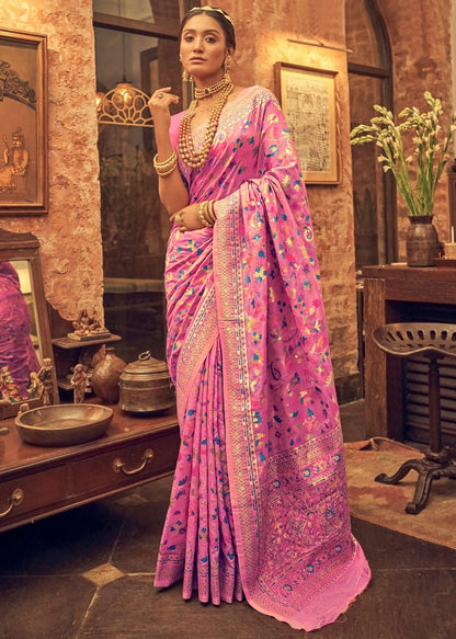 Banarasi Silk Saree with Multicolor Meenakari Floral Weaving & Rich Zari Border