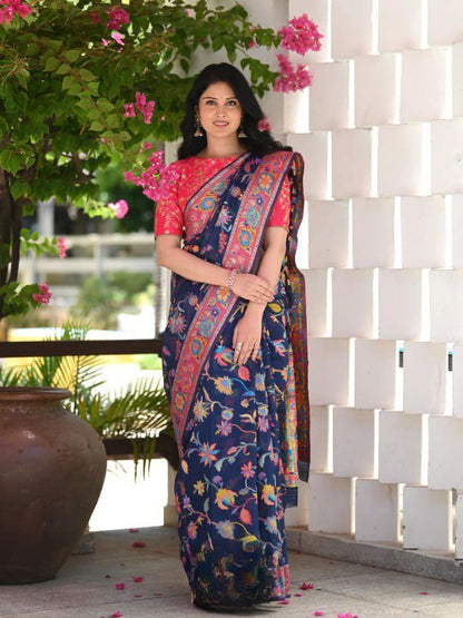 Banarasi Soft Silk Saree with Multicolor Floral Meenakari Weaving & Contrast Zari Border