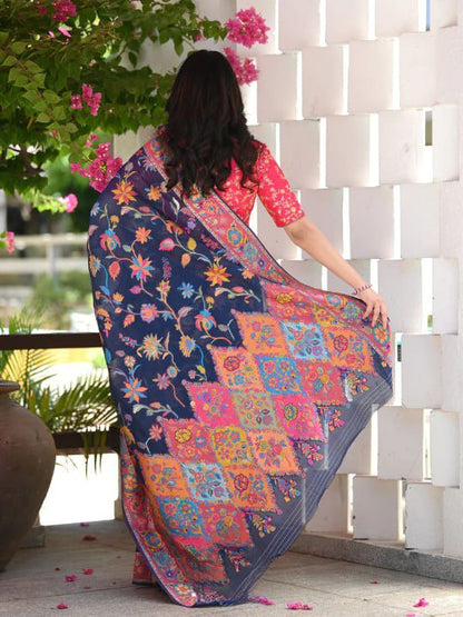Banarasi Soft Silk Saree with Multicolor Floral Meenakari Weaving & Contrast Zari Border