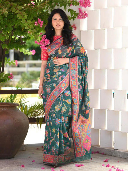 Banarasi Soft Silk Saree with Multicolor Floral Meenakari Weaving & Contrast Zari Border