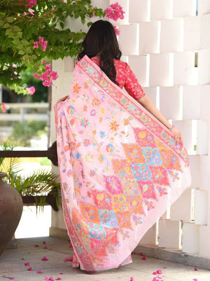 Banarasi Soft Silk Saree with Multicolor Floral Meenakari Weaving & Contrast Zari Border