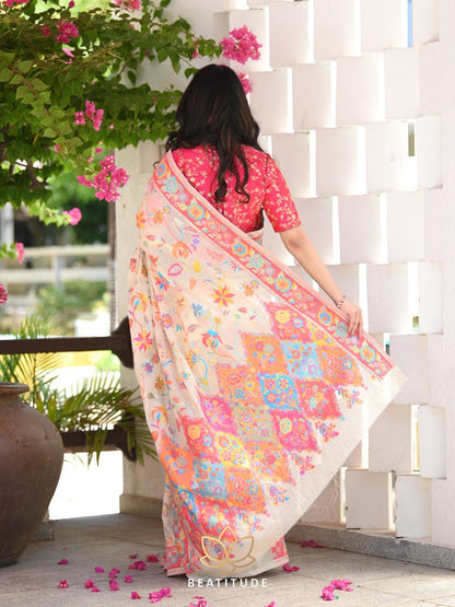 Banarasi Soft Silk Saree with Multicolor Floral Meenakari Weaving & Contrast Zari Border