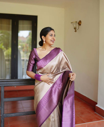 Banarasi Soft Silk Saree in Dual-Tone Lavender & Beige with Zari Border