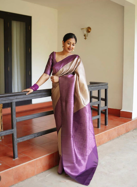 Banarasi Soft Silk Saree in Dual-Tone Lavender & Beige with Zari Border