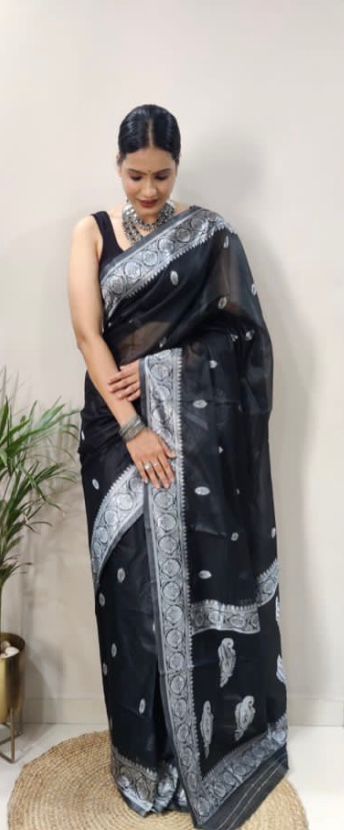 Organza Silk Saree with Silver Zari Butta Weaving & Border