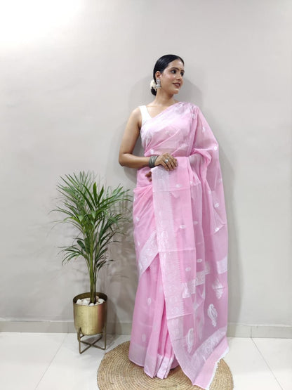 Organza Silk Saree with Silver Zari Butta Weaving & Border