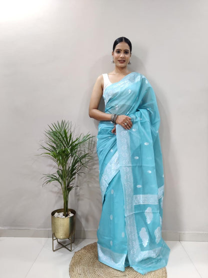 Organza Silk Saree with Silver Zari Butta Weaving & Border