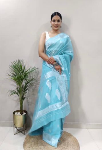 Organza Silk Saree with Silver Zari Butta Weaving & Border
