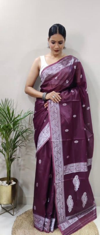 Organza Silk Saree with Silver Zari Butta Weaving & Border