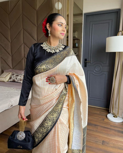 Banarasi Soft Silk Saree with Checkered Design & Rich Black Zari Border
