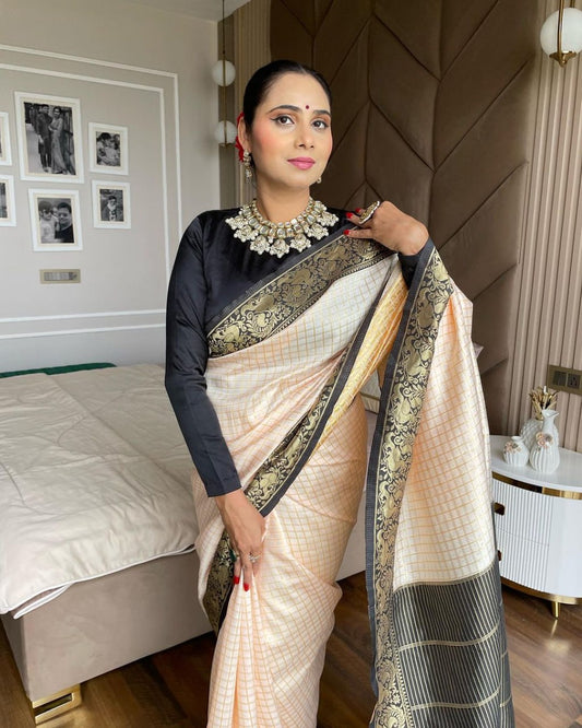 Banarasi Soft Silk Saree with Checkered Design & Rich Black Zari Border