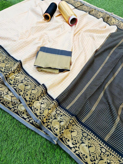 Banarasi Soft Silk Saree with Checkered Design & Rich Black Zari Border
