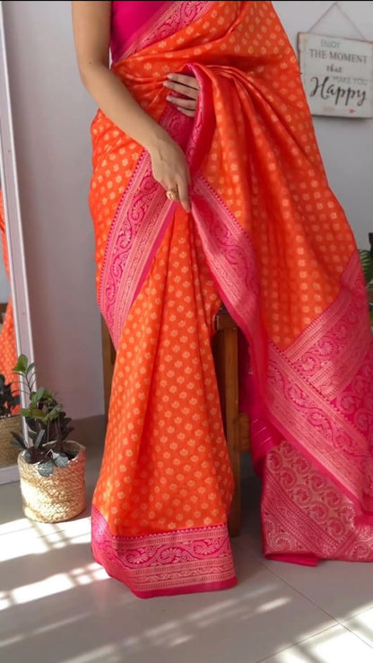Banarasi Soft Silk Saree with Contrast Pink Zari Border
