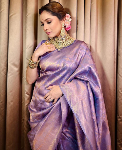 Lavender Banarasi Soft Silk Saree with Golden Zari Weaving