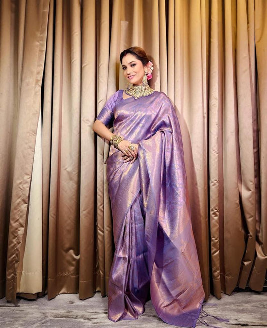 Lavender Banarasi Soft Silk Saree with Golden Zari Weaving
