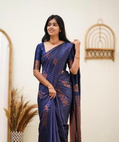 Banarasi Soft Silk Saree with Striped Copper Zari Weaving