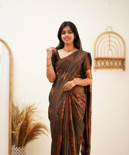 Banarasi Soft Silk Saree with Striped Copper Zari Weaving
