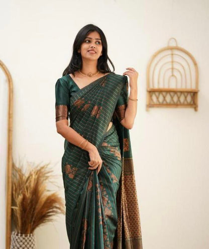 Banarasi Soft Silk Saree with Striped Copper Zari Weaving