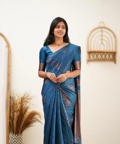 Banarasi Soft Silk Saree with Striped Copper Zari Weaving