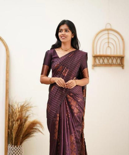 Banarasi Soft Silk Saree with Striped Copper Zari Weaving