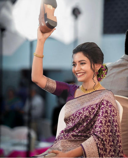 Plum Purple Banarasi Soft Silk Saree with Rich Zari Weaving