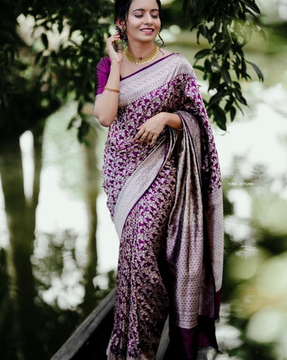 Plum Purple Banarasi Soft Silk Saree with Rich Zari Weaving