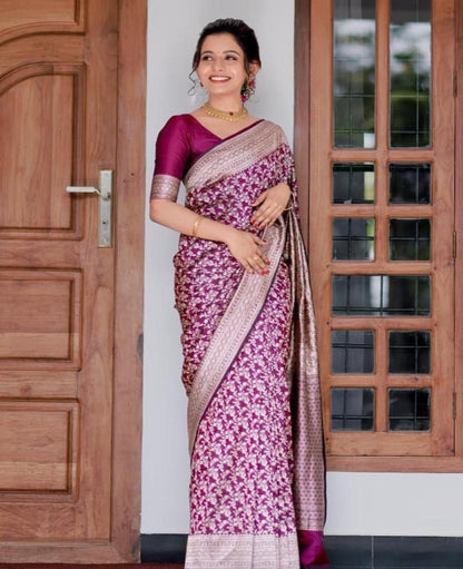 Plum Purple Banarasi Soft Silk Saree with Rich Zari Weaving