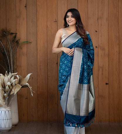 Ocean Blue Banarasi Soft Silk Saree with Silver Zari Weaving